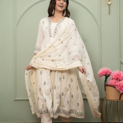 Embroidered Pure Cotton Straight Kurta with Trousers & Dupatta Set
