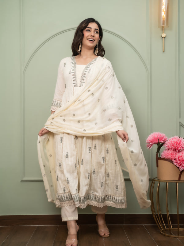 Embroidered Pure Cotton Straight Kurta with Trousers & Dupatta Set