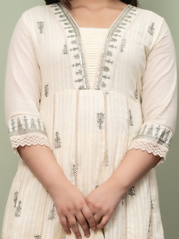 Embroidered Pure Cotton Straight Kurta with Trousers & Dupatta Set