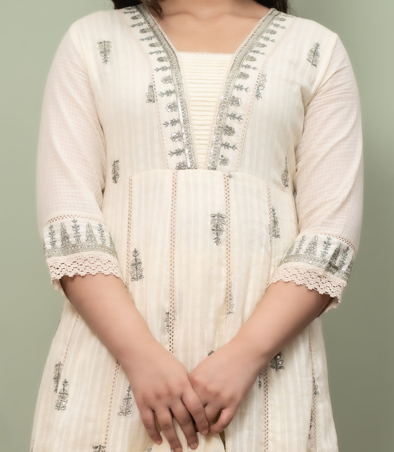 Embroidered Pure Cotton Straight Kurta with Trousers & Dupatta Set