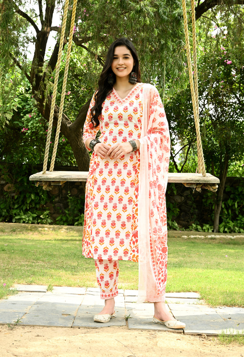 Printed Regular Mirror Work Pure Cotton Straight Kurta with Trousers & Dupatta