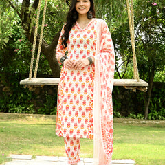 Printed Regular Mirror Work Pure Cotton Straight Kurta with Trousers & Dupatta