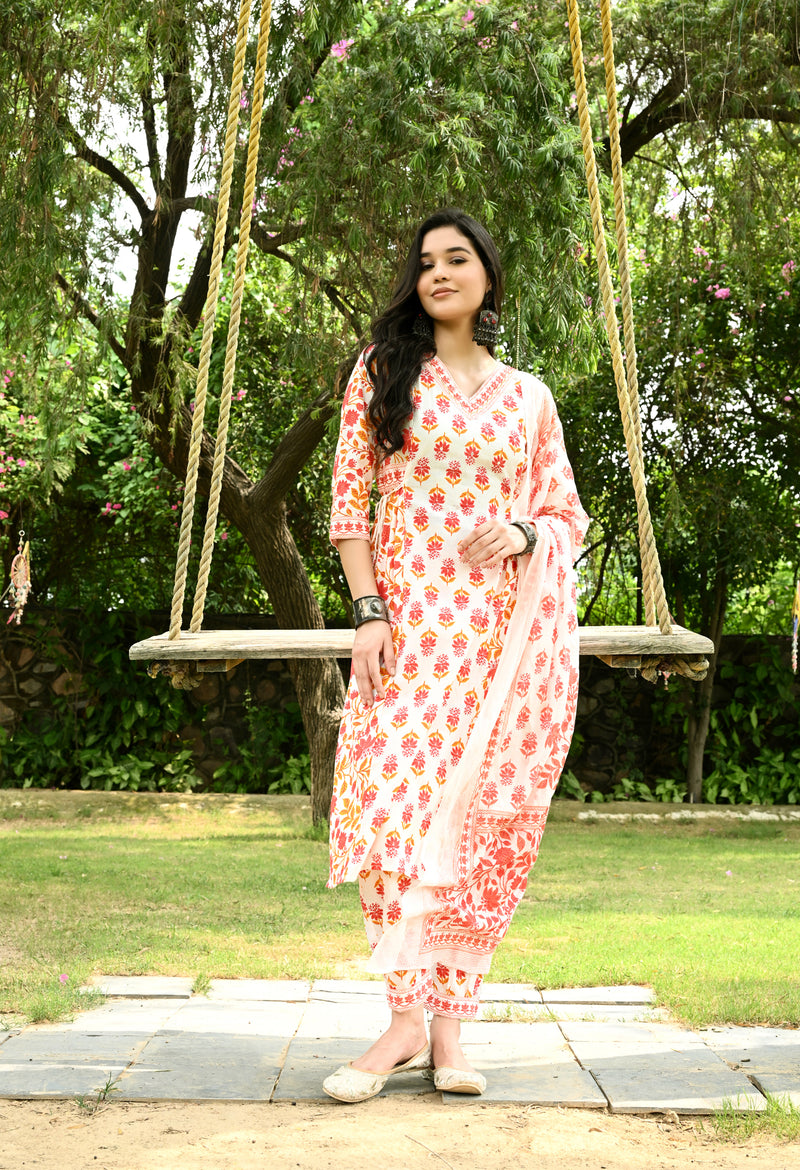 Printed Regular Mirror Work Pure Cotton Straight Kurta with Trousers & Dupatta