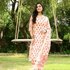 Printed Regular Mirror Work Pure Cotton Straight Kurta with Trousers & Dupatta