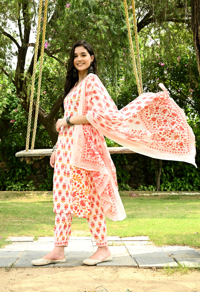 Printed Regular Mirror Work Pure Cotton Straight Kurta with Trousers & Dupatta
