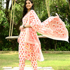 Printed Regular Mirror Work Pure Cotton Straight Kurta with Trousers & Dupatta