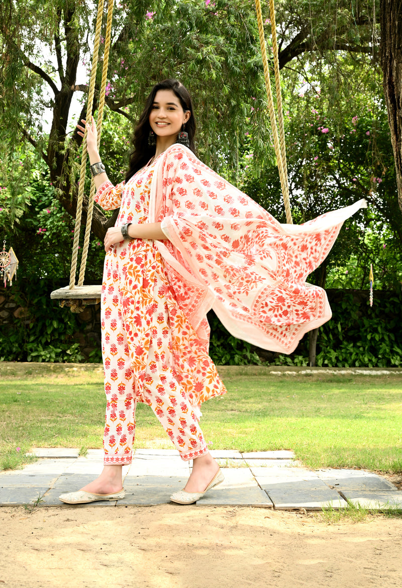 Printed Regular Mirror Work Pure Cotton Straight Kurta with Trousers & Dupatta