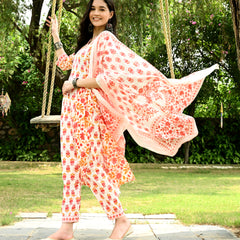 Printed Regular Mirror Work Pure Cotton Straight Kurta with Trousers & Dupatta