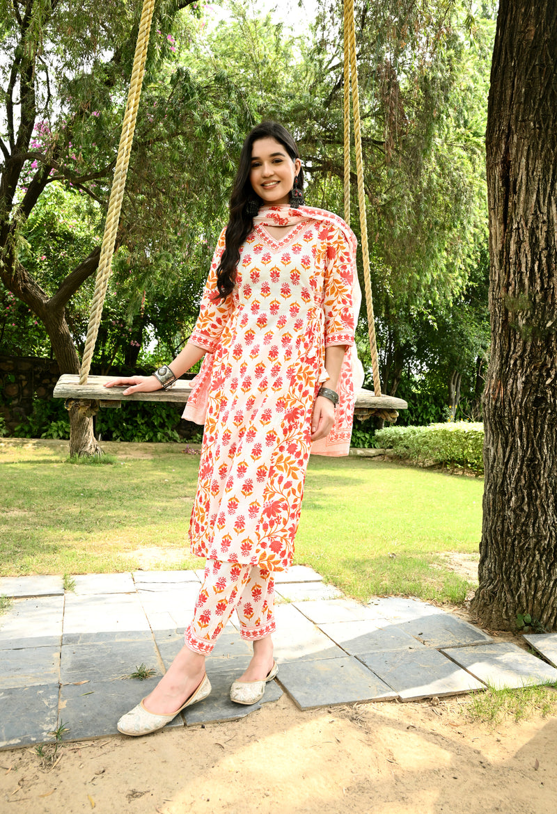 Printed Regular Mirror Work Pure Cotton Straight Kurta with Trousers & Dupatta