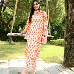 Printed Regular Mirror Work Pure Cotton Straight Kurta with Trousers & Dupatta