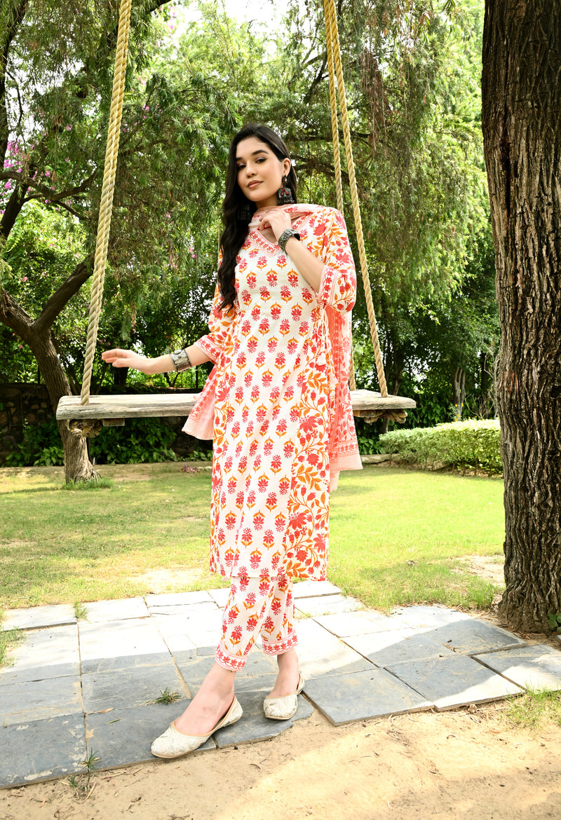 Printed Regular Mirror Work Pure Cotton Straight Kurta with Trousers & Dupatta