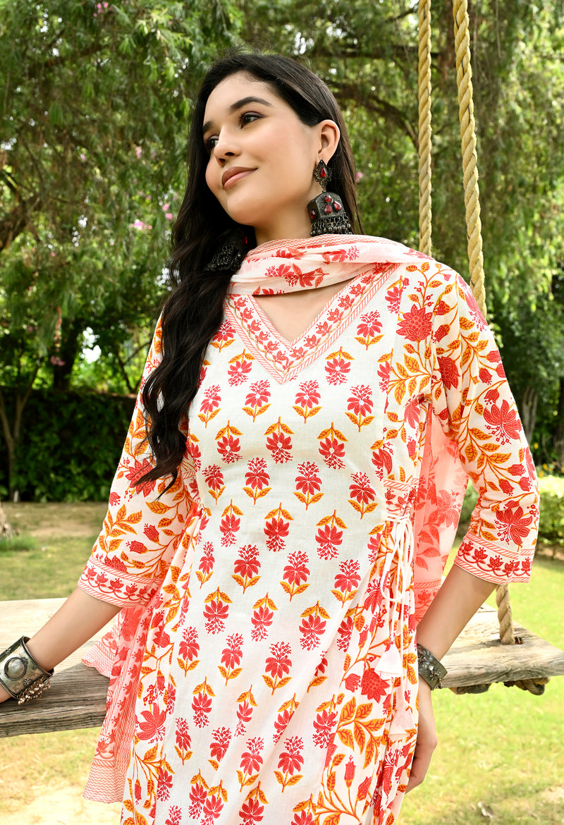 Printed Regular Mirror Work Pure Cotton Straight Kurta with Trousers & Dupatta