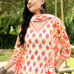 Printed Regular Mirror Work Pure Cotton Straight Kurta with Trousers & Dupatta