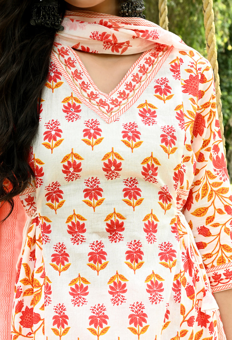 Printed Regular Mirror Work Pure Cotton Straight Kurta with Trousers & Dupatta
