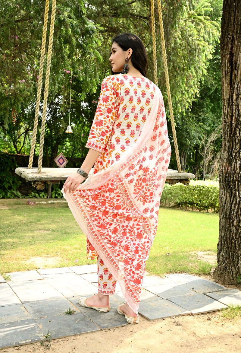 Printed Regular Mirror Work Pure Cotton Straight Kurta with Trousers & Dupatta
