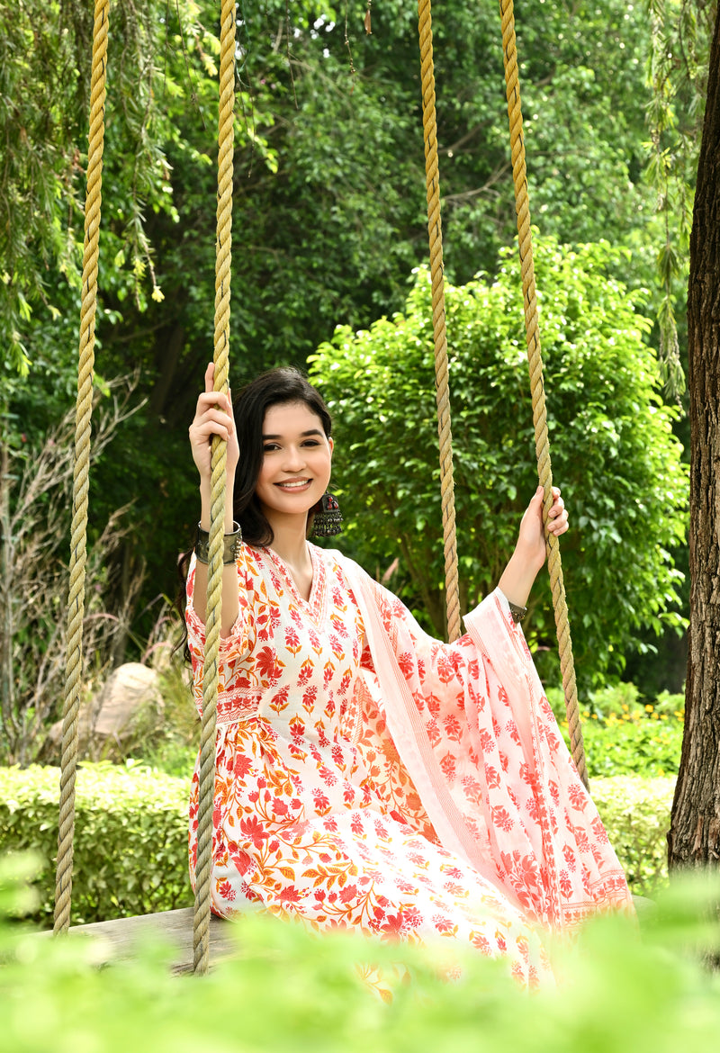 Printed Regular Mirror Work Pure Cotton Straight Kurta with Trousers & Dupatta