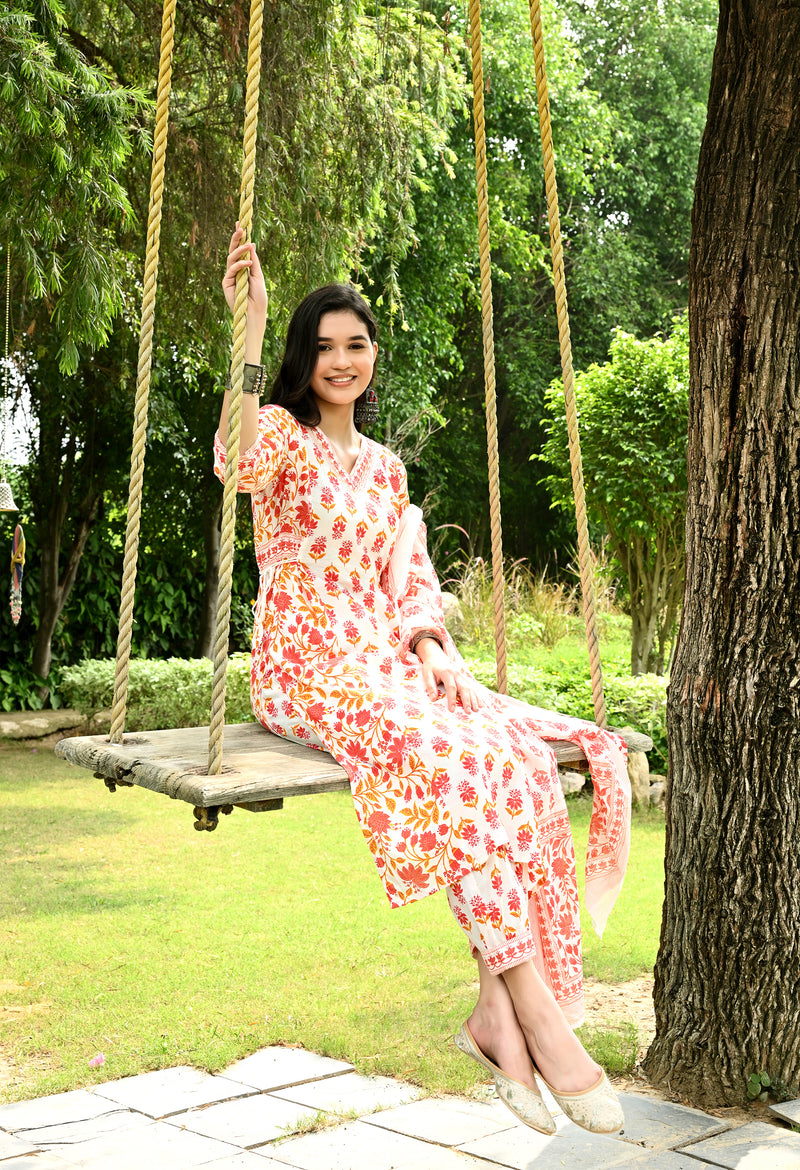 Printed Regular Mirror Work Pure Cotton Straight Kurta with Trousers & Dupatta
