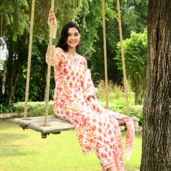Printed Regular Mirror Work Pure Cotton Straight Kurta with Trousers & Dupatta