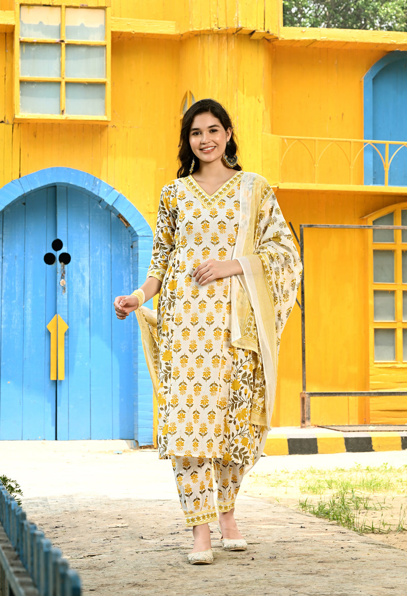 Printed Regular Mirror Work Pure Cotton Straight Kurta with Trousers & Dupatta