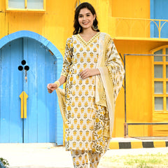 Printed Regular Mirror Work Pure Cotton Straight Kurta with Trousers & Dupatta