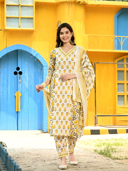 Printed Regular Mirror Work Pure Cotton Straight Kurta with Trousers & Dupatta