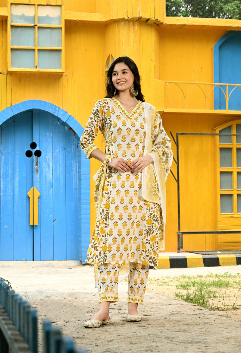 Printed Regular Mirror Work Pure Cotton Straight Kurta with Trousers & Dupatta