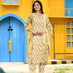 Printed Regular Mirror Work Pure Cotton Straight Kurta with Trousers & Dupatta