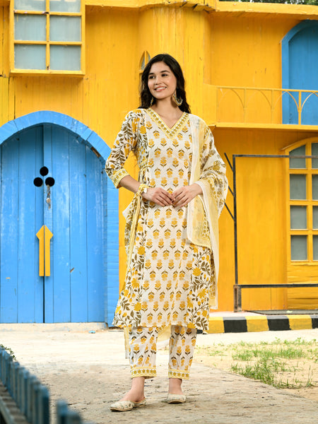 Printed Regular Mirror Work Pure Cotton Straight Kurta with Trousers & Dupatta