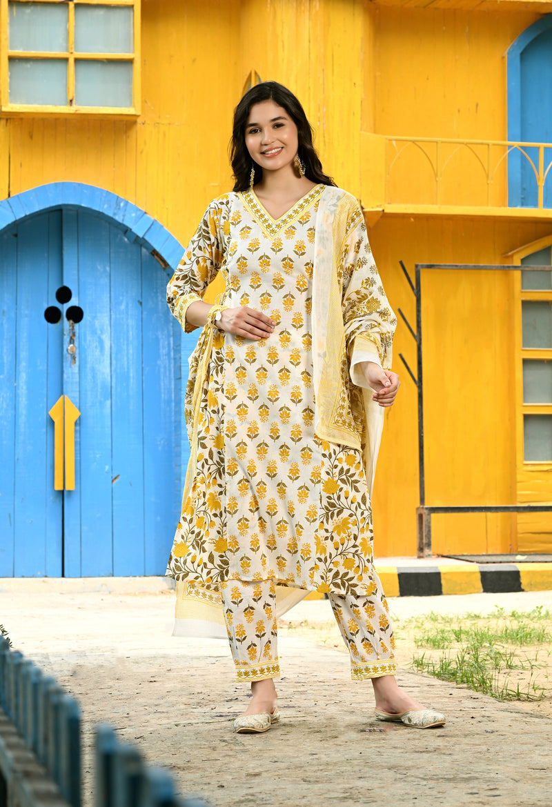 Printed Regular Mirror Work Pure Cotton Straight Kurta with Trousers & Dupatta