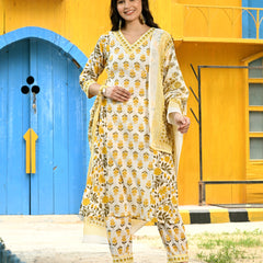Printed Regular Mirror Work Pure Cotton Straight Kurta with Trousers & Dupatta