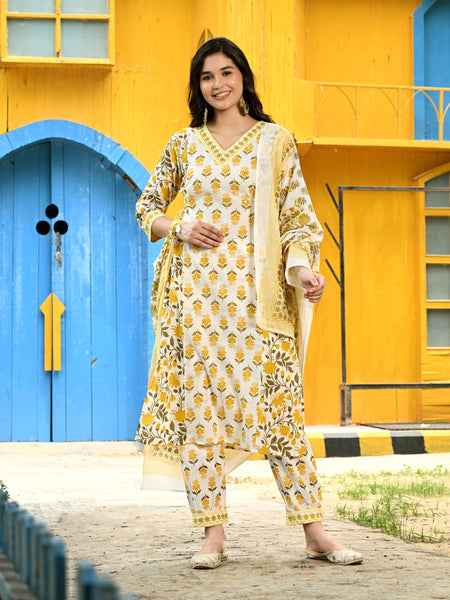 Printed Regular Mirror Work Pure Cotton Straight Kurta with Trousers & Dupatta