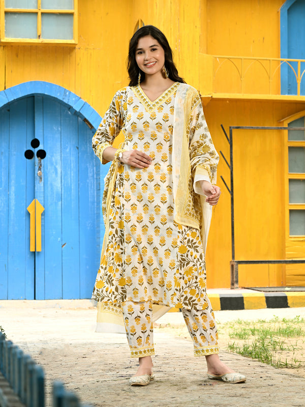 Printed Regular Mirror Work Pure Cotton Straight Kurta with Trousers & Dupatta