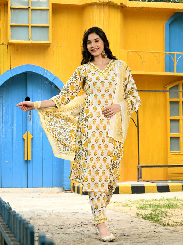 Printed Regular Mirror Work Pure Cotton Straight Kurta with Trousers & Dupatta
