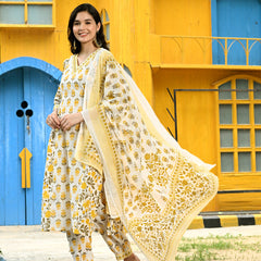 Printed Regular Mirror Work Pure Cotton Straight Kurta with Trousers & Dupatta
