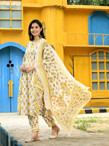 Printed Regular Mirror Work Pure Cotton Straight Kurta with Trousers & Dupatta