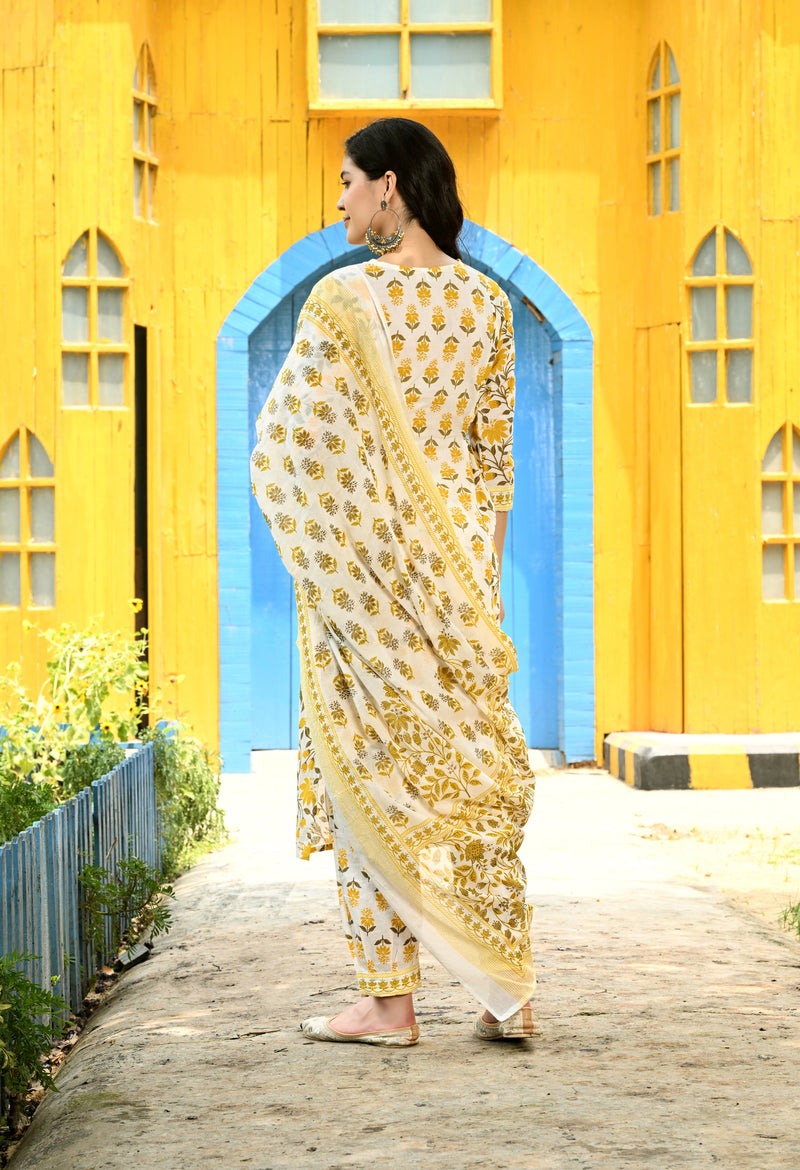 Printed Regular Mirror Work Pure Cotton Straight Kurta with Trousers & Dupatta