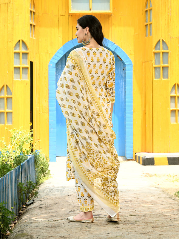 Printed Regular Mirror Work Pure Cotton Straight Kurta with Trousers & Dupatta