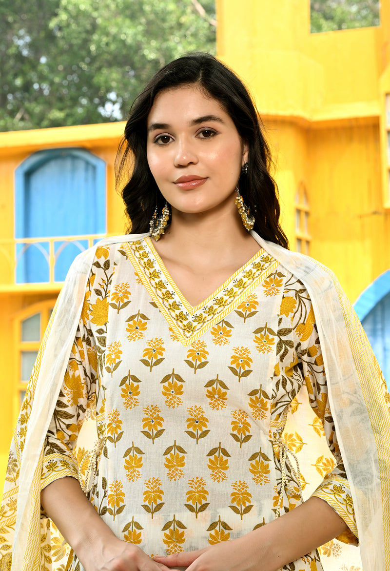 Printed Regular Mirror Work Pure Cotton Straight Kurta with Trousers & Dupatta