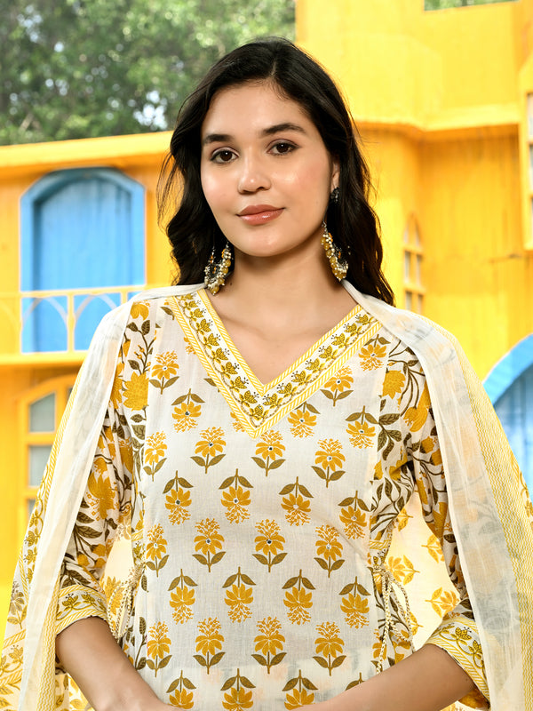 Printed Regular Mirror Work Pure Cotton Straight Kurta with Trousers & Dupatta
