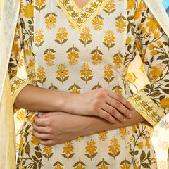 Printed Regular Mirror Work Pure Cotton Straight Kurta with Trousers & Dupatta