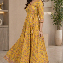 Women’s Yellow Floral Anarkali Style Long Flared Kurta