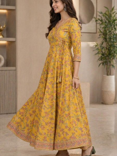 Women’s Yellow Floral Anarkali Style Long Flared Kurta