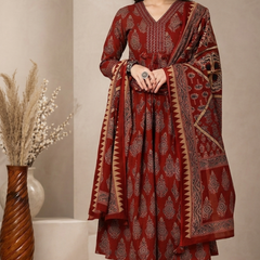 Women Printed Anarkali Kurta, Pant & Dupatta Set (Maroon) Printed Kurta, Palazzo & Dupatta Set