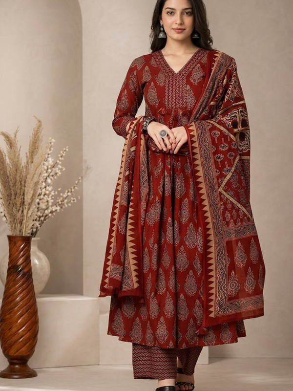 Women Printed Anarkali Kurta, Pant & Dupatta Set (Maroon) Printed Kurta, Palazzo & Dupatta Set