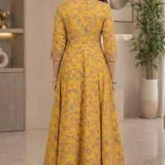 Women’s Yellow Floral Anarkali Style Long Flared Kurta