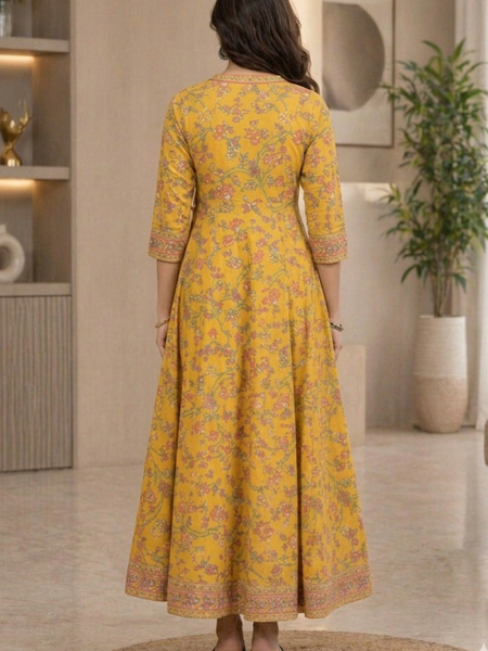 Women’s Yellow Floral Anarkali Style Long Flared Kurta