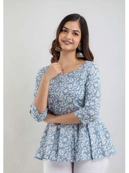 Floral Printed Pleated Pure Cotton A-Line Kurti