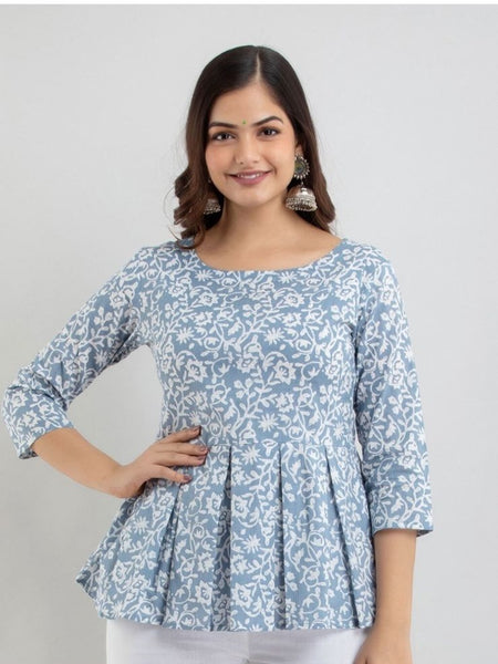 Floral Printed Pleated Pure Cotton A-Line Kurti