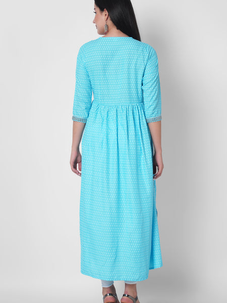 Women Printed Viscose Rayon Flared Kurta  (Light Blue)
