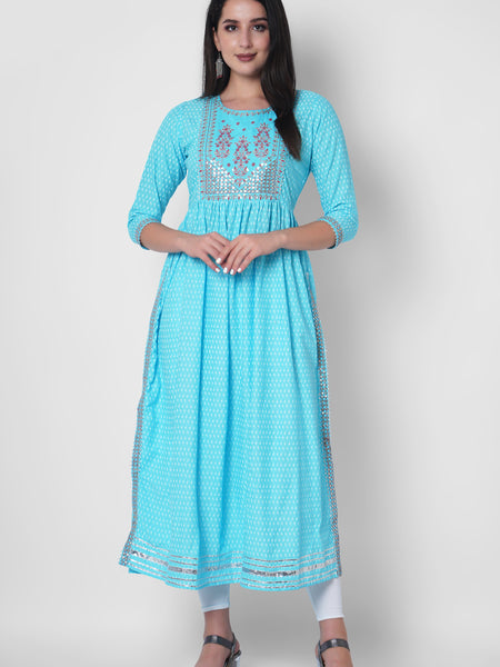 Women Printed Viscose Rayon Flared Kurta  (Light Blue)